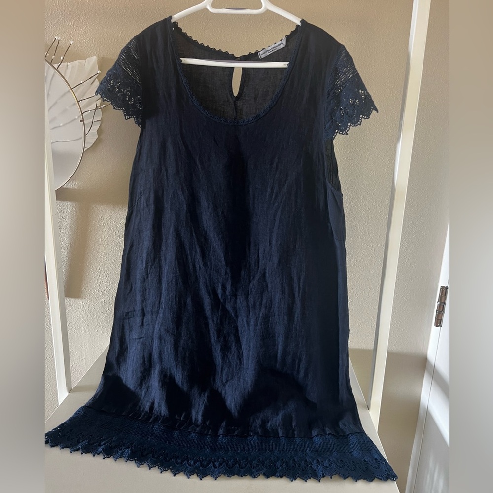Martina Innocenti Linen Lace Trim Summer Dress Cap Sleeve in Navy size XL.